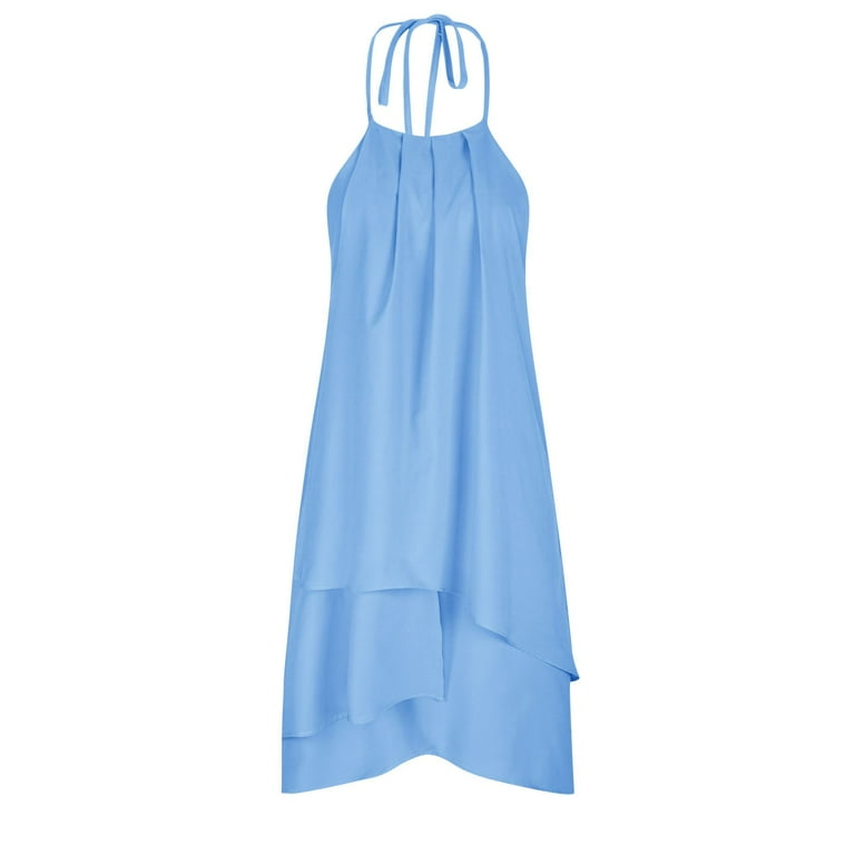 Xysaqa Women Halter Neck Summer Dresses Casual Sleeveless Backless Ruffle  Elegant Mini Boho Sun Dress Beach Cover Up S-XL Sky Blue - Walmart.com