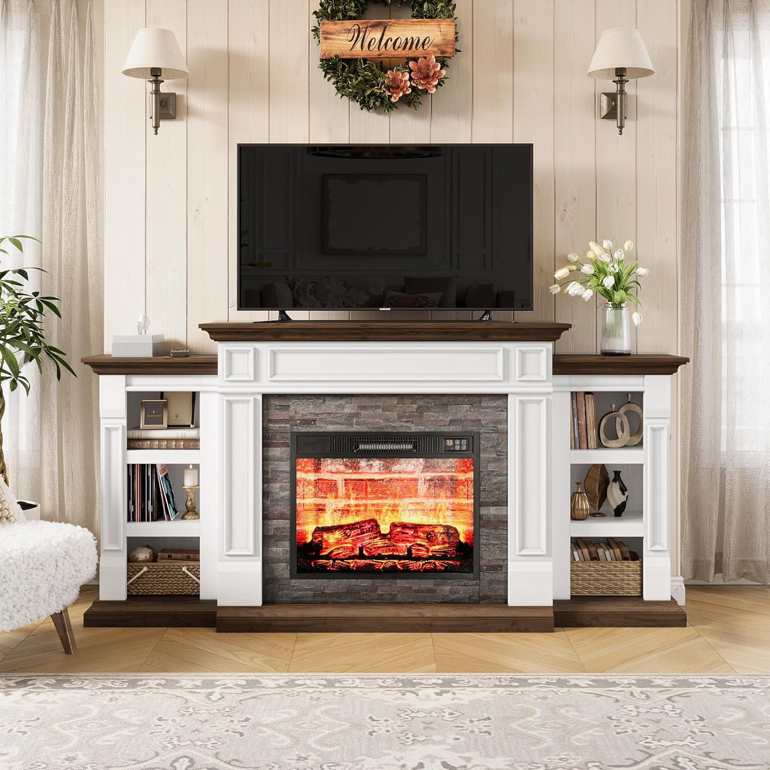 Holliwill 70" Electric Fireplace with Mantel, Farmhouse TV Stand for TVs up to 80 in, White & Brown