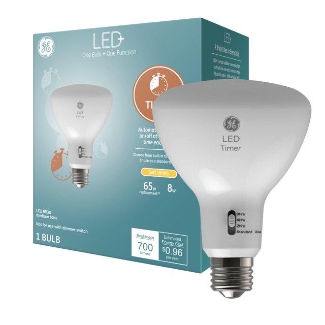 Bombilla LED GE LED+ Timer BR30 de 8 W, color blanco suave (1 paquete)