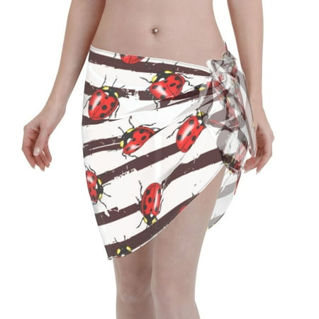 Ocsxa Ladybugs On Black And White Striped1 Print Sarong Coverups For Women Bathing Suit Wrap Swimsuit Skirt Beach Bikini Cover Up Swimwear