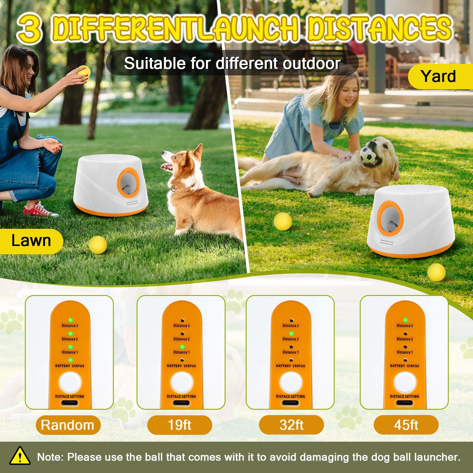 TOPCHANCES Automatic Tennis Ball Launcher for Dogs, Interactive Dog Toys for Samall & Medium Dogs, Dog Ball Thrower with 3 Launching Distance (19/32/45 ft), 5 Balls Included (Orange)