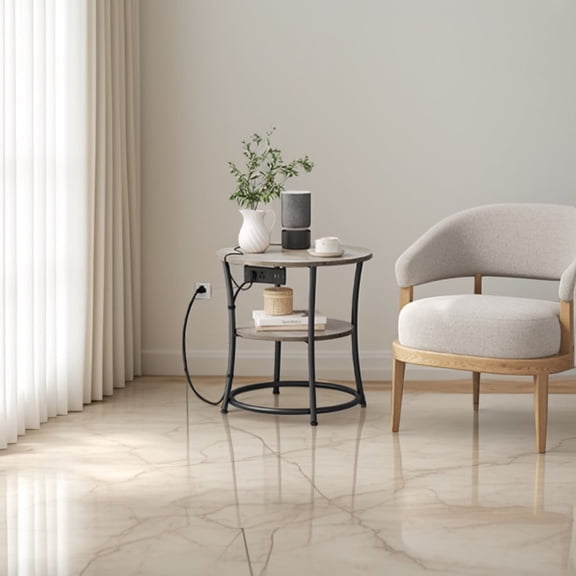 LEDREM 2-Tier Round Side Table with Power Outlets, 21.7 Inch Charging Nightstand with 2 AC & 2 USB Ports, Heather Greige & Ink Black