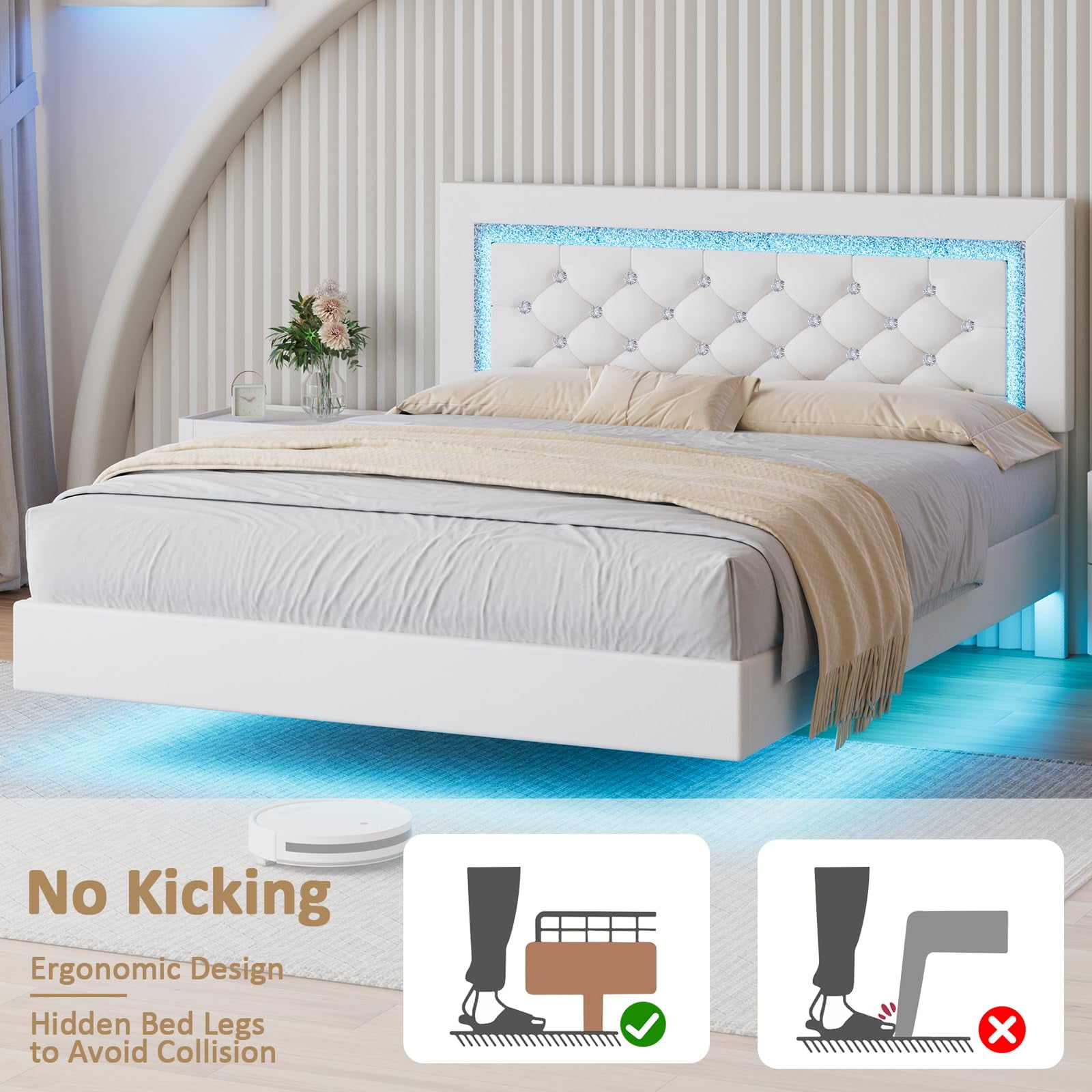 4 EVER WINNER Queen Floating Bed Frame with LED Lights, LED Upholstered Platform Bed Frame with Diamond Tufted Headboard, White LED Bed Frame for Bedroom, White