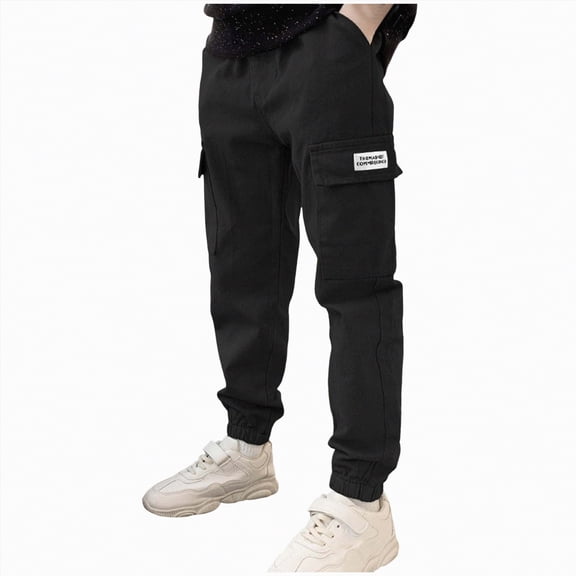 CAICJ98 Boys Cargo Joggers Cotton Casual Athletic Pants Hiking School Uniform Sweatpants Joggers Elastic Waist Boys' Pants (Black,11-12 Years)