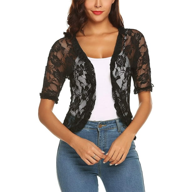 Cárdigan abierto con bordado de flores y encaje para mujer, ligero, transparente, de media manga, tipo bolero, para verano
