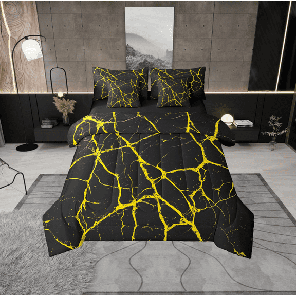 Erosebridal Geometric Stripes Bedding Sets Twin Size,Abstract Lines Comforter Sets with Sheets,Black Golden Bed in a Bag Twin size,Microfiber Male Bedroom Decor,Reversible,7-Piece