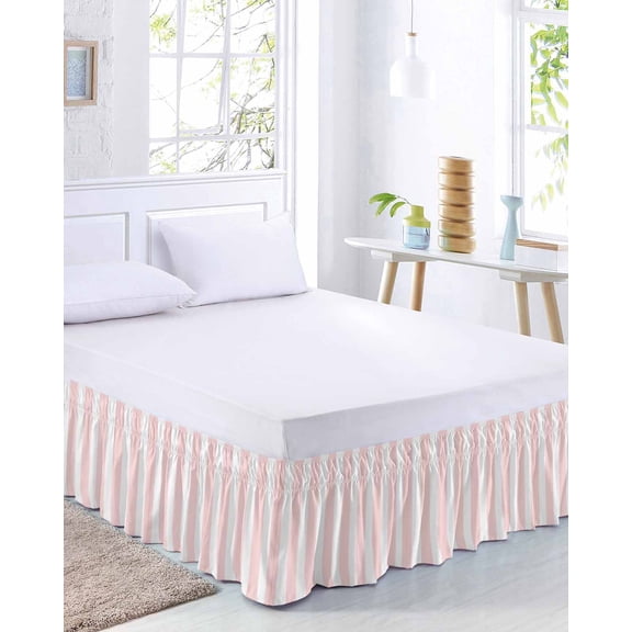 Pink and White Striped Bed Skirt California King Size 16 Inch Drop, Gradient Adjustable Elastic Dust Ruffles Bedskirt Wrap Around Pleated Mattress Frame Cover