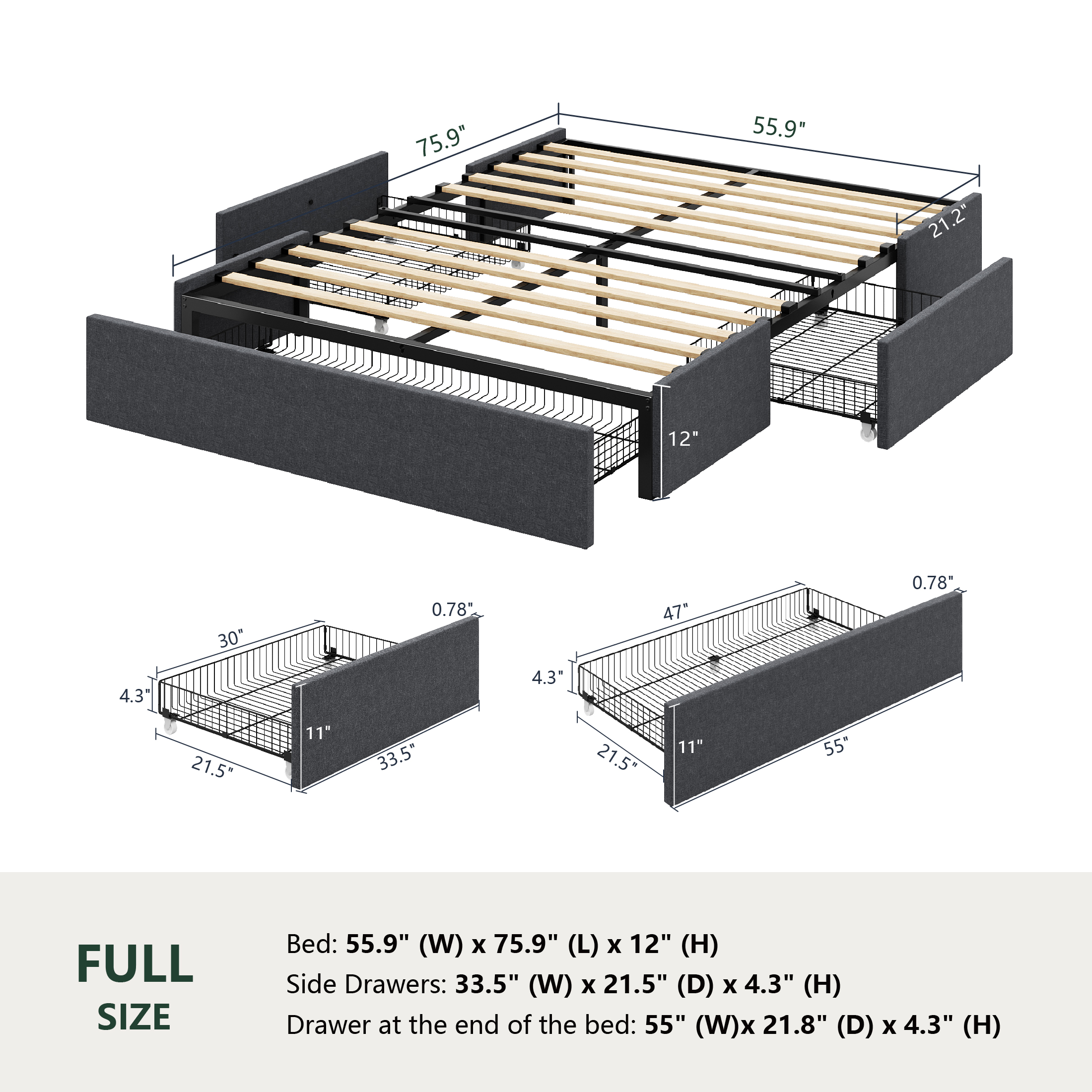 Amolife Full Size Bed Frame with Storage Drawers, Dark Grey photo 7