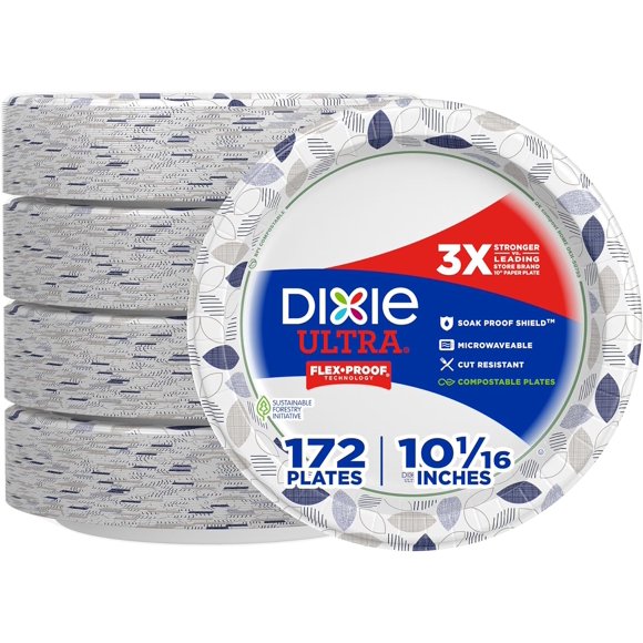 Dixie Ultra Paper Plates, 10 1/16 inch, Dinner Size Printed Disposable Plate, 172 Count (4 Packs of 43 Plates), Packaging and Design May Vary