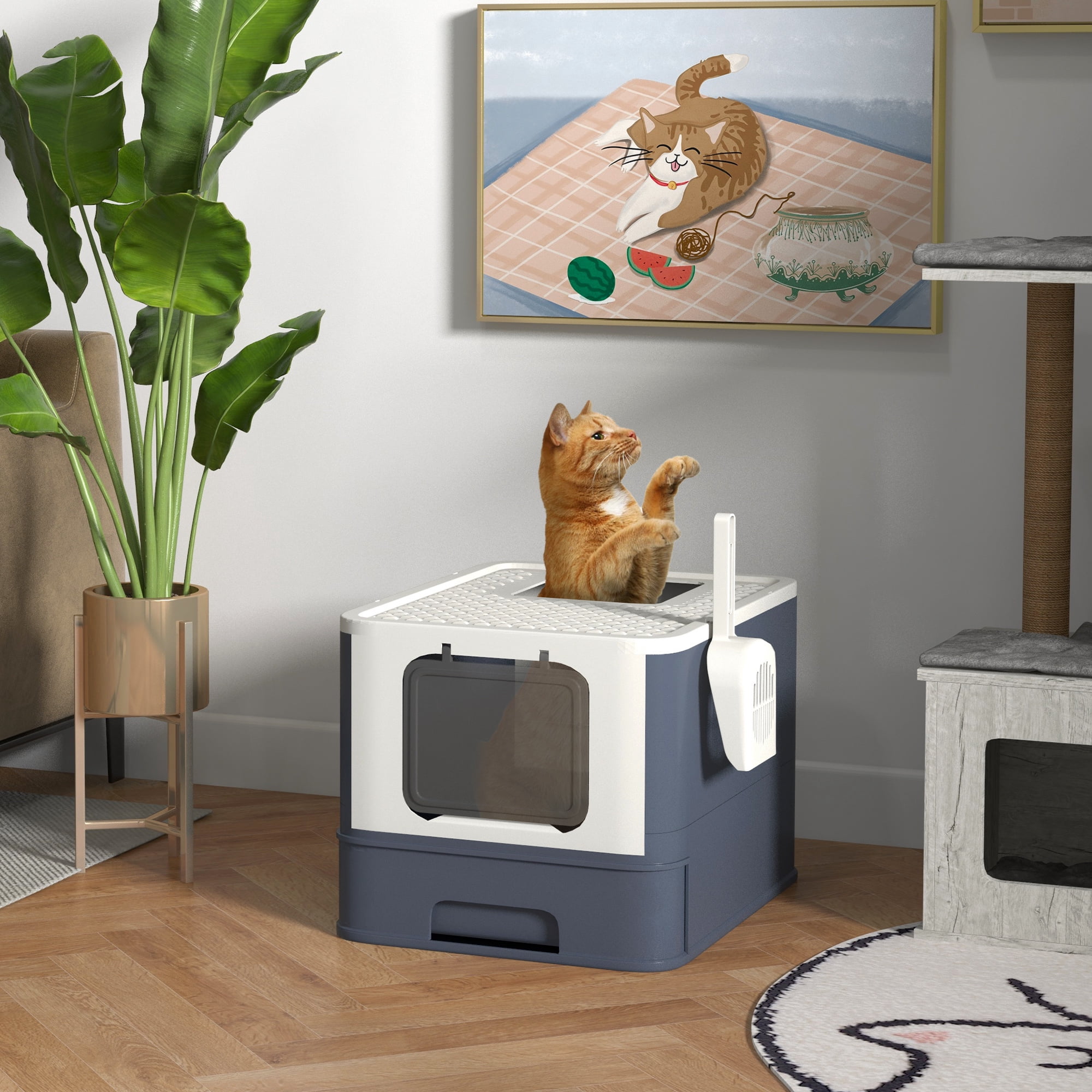 PawHut Cat Litter Box with Lid & Scoop for Large Cats Up to 13 lbs., White