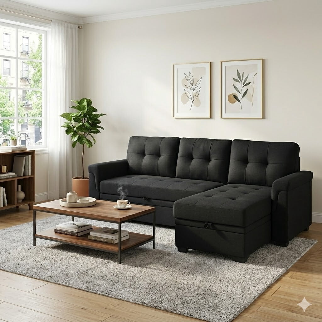 avobird 86'' Upholstered Pull-Out Sofa Bed, Sleeper Sofa with Reversible L/R, Polyester Fabric for Living Room, Black