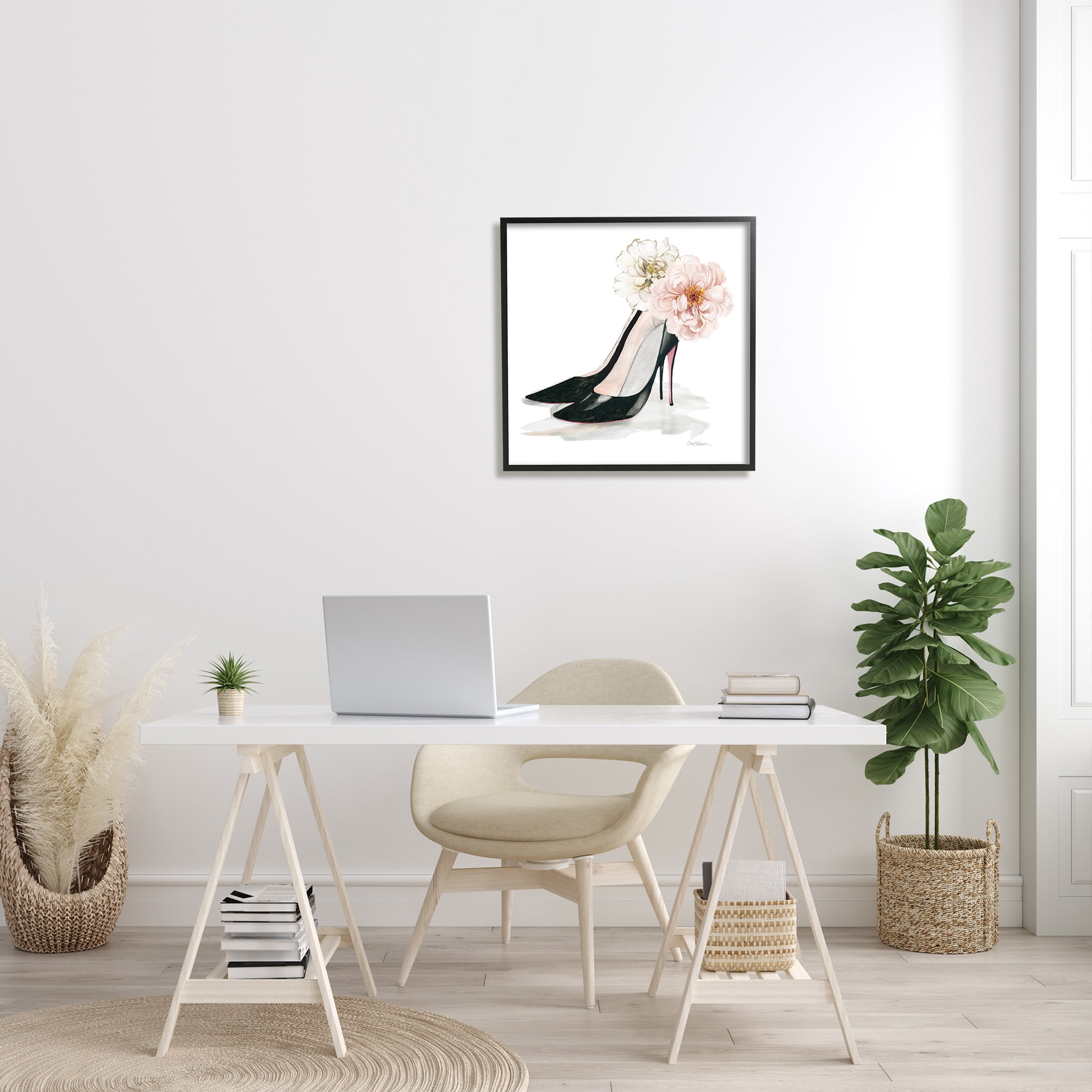 Stupell Industries Pink Floral Black Heels Chic Fashion Shoes Beauty & Fashion Painting Black Framed Art Print Wall Art, 24 x 24