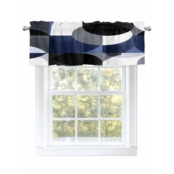 Abstract Round Valances for Windows Visual Art Blue Black Square Stitching Kitchen Valance Curtain Rod Pocket Small Curtains for Cafe Bathroom Laundry Basement 60" x 18"