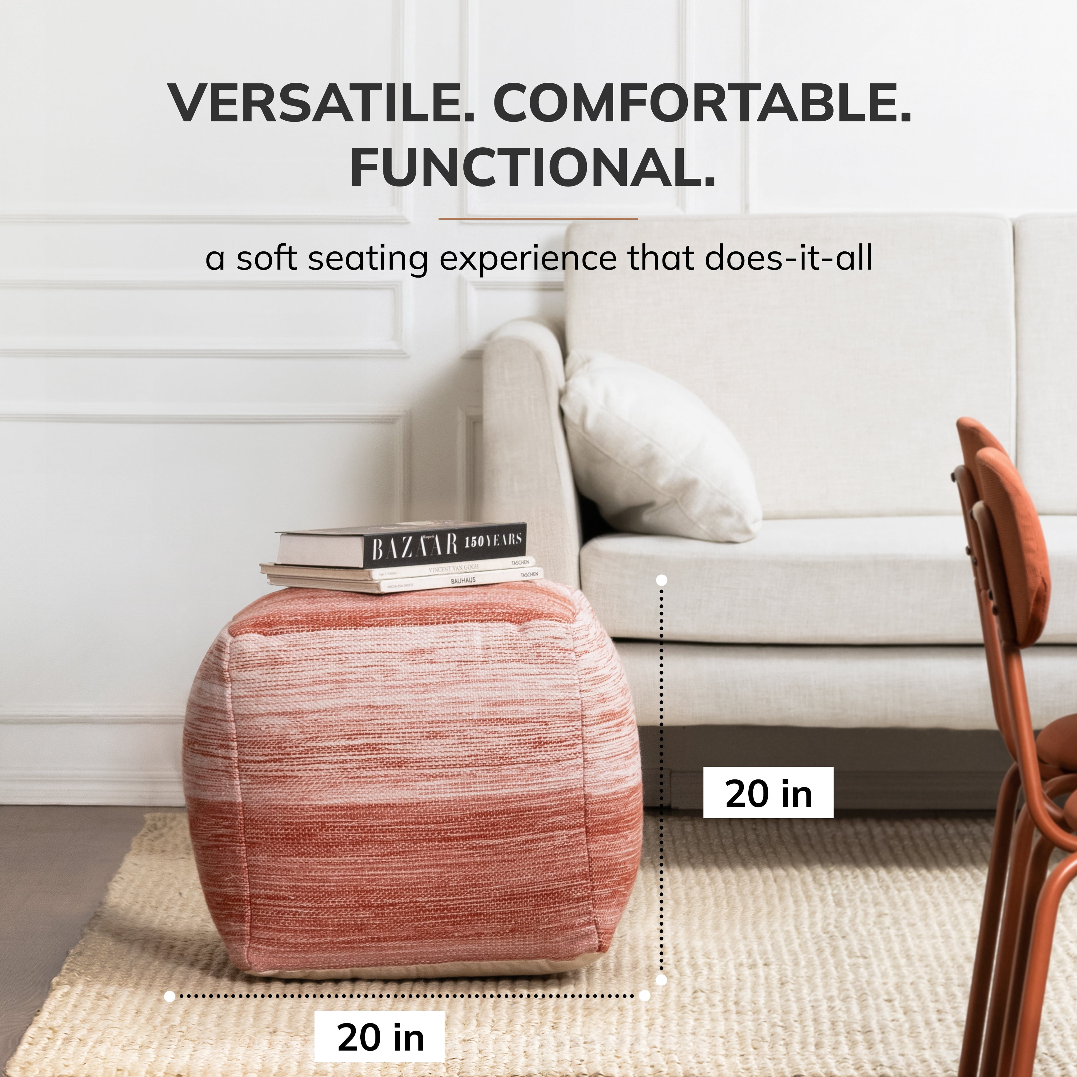 Caledonia 20" x 20" x 20" Red & Ivory Pouf