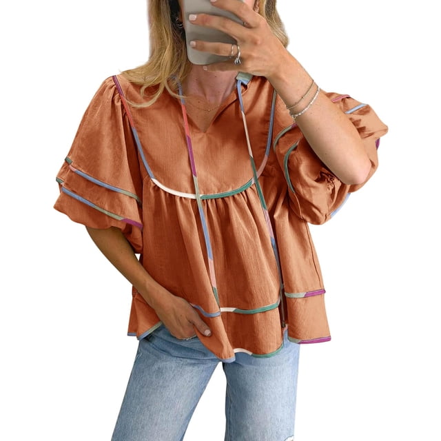Peplum Babydoll Tops Cicy Bell para mujer, cuello en V, manga linterna