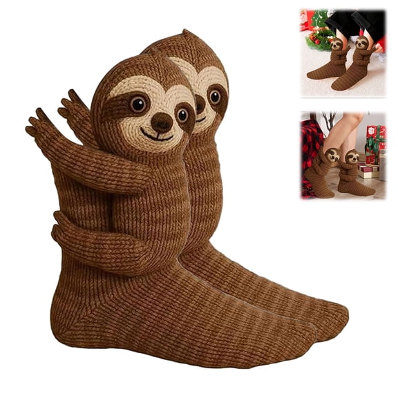 zaveiop Animal Socks, 3D Knit Animal Sloth Socks for women, Cute Plush Animals Hug Sock, Long Stocking Sock for Christmas Gifts (Brick Red, One Size)