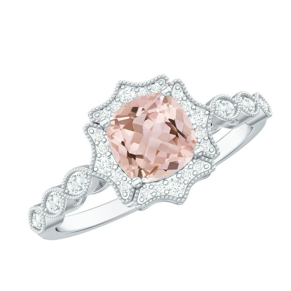 Rosec Jewels Cushion Cut Morganite Ring for Women with Diamond Halo, Vintage Inspired Ring, 925 Sterling Silver, US 4.00