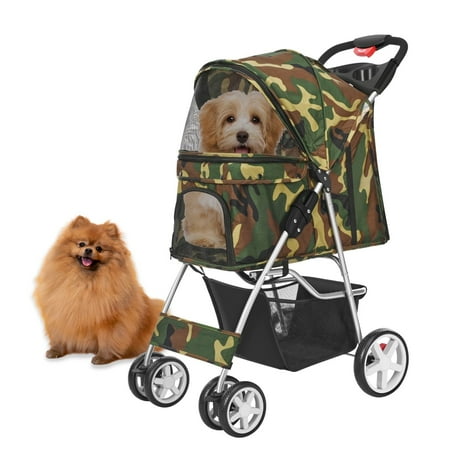 Pet Stroller (Camouflage) Dog Cat Small Animals Carrier Cage 4 Wheels Folding Flexible Easy to Carry for Jogger Jogging Walking Travel Up to 30 Pounds with Sun Shade Cup Holder Mesh Window