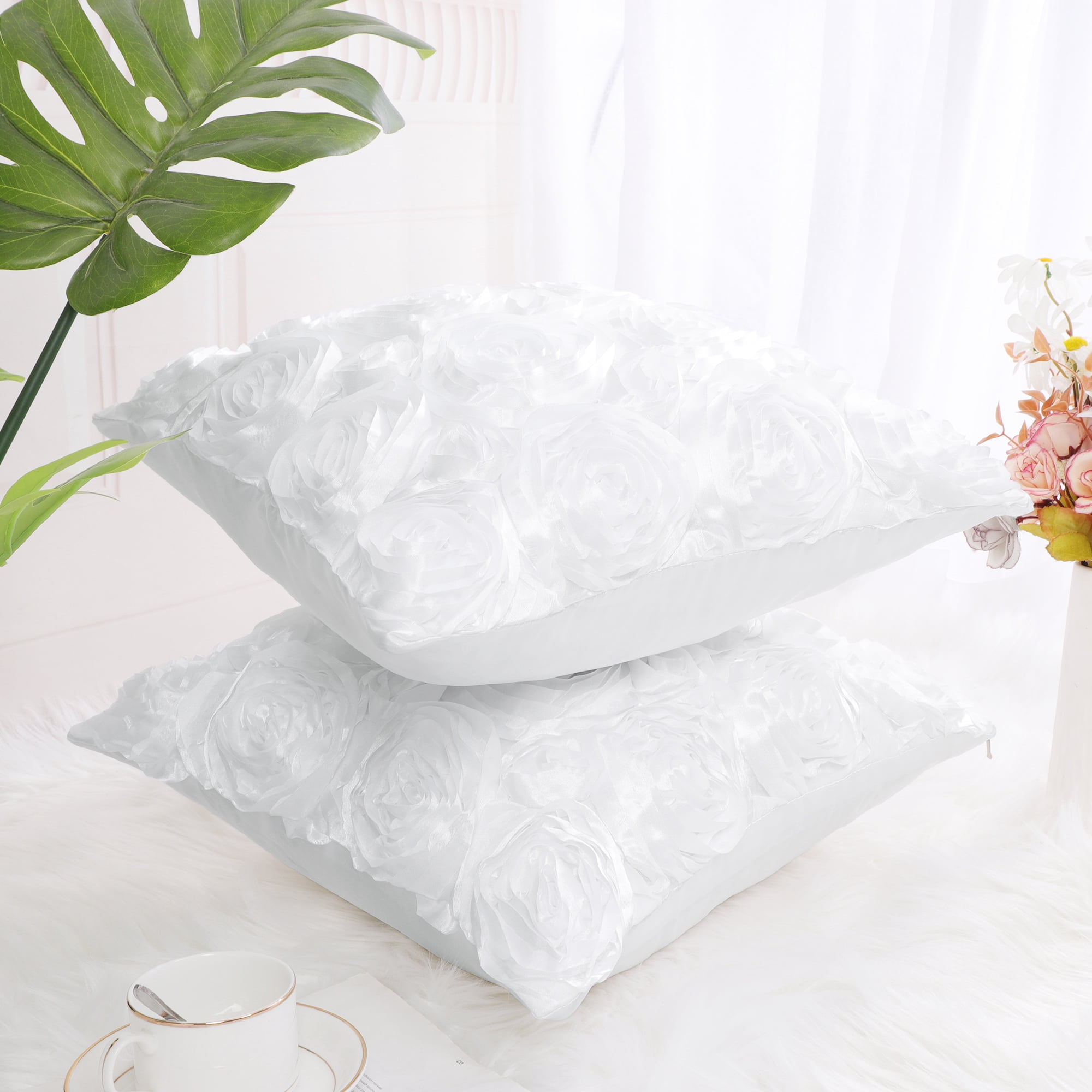 Unique Bargains 2-Pack 3D Flower Decorative Throw Pillow Covers 16" x 16" White