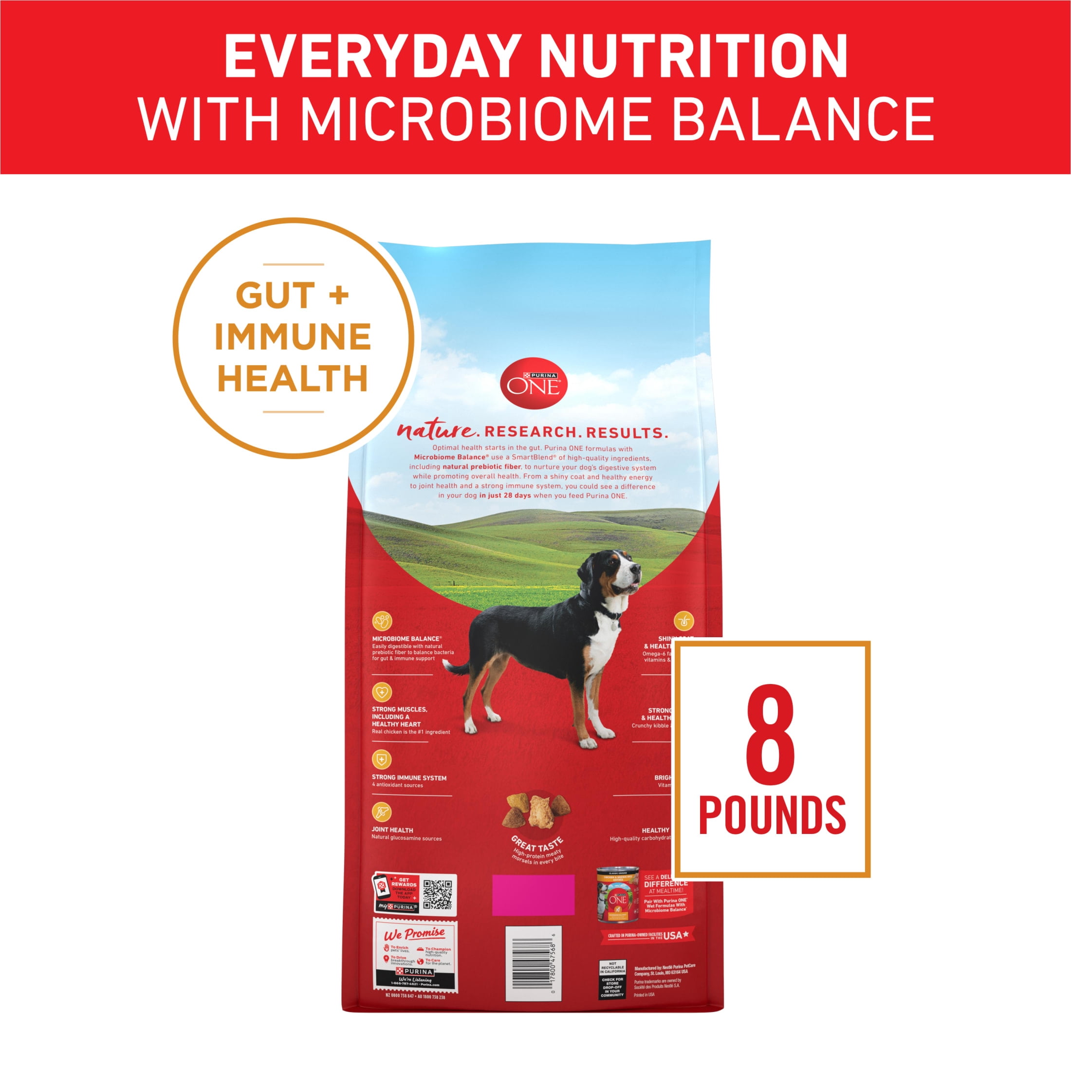 (4 pack) Purina One Dry Dog Food for Adult Dogs High Protein, Real Chicken & Rice, 8 lb Bag