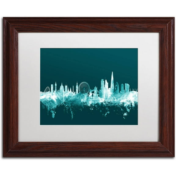 Trademark Fine Art "London England Skyline Teal" Canvas Art by Michael Tompsett, White Matte, Wood Frame