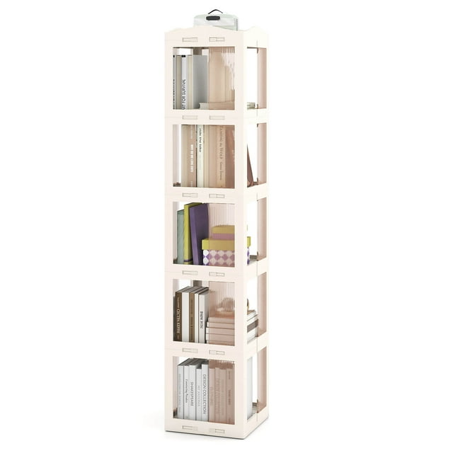 Costway 360° Spinning Bookcase with Swivel Base, 5-Tier Revolving Bookshelf Tower for Study