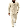 thumbnail image 2 of YueHuiYing Men's Solid-Color Casual Sporty Round-Neck Button Stand-Up Collar Long Sleeved Top Pocket Drawstring Long Pants Two Piece Set, 2 of 8