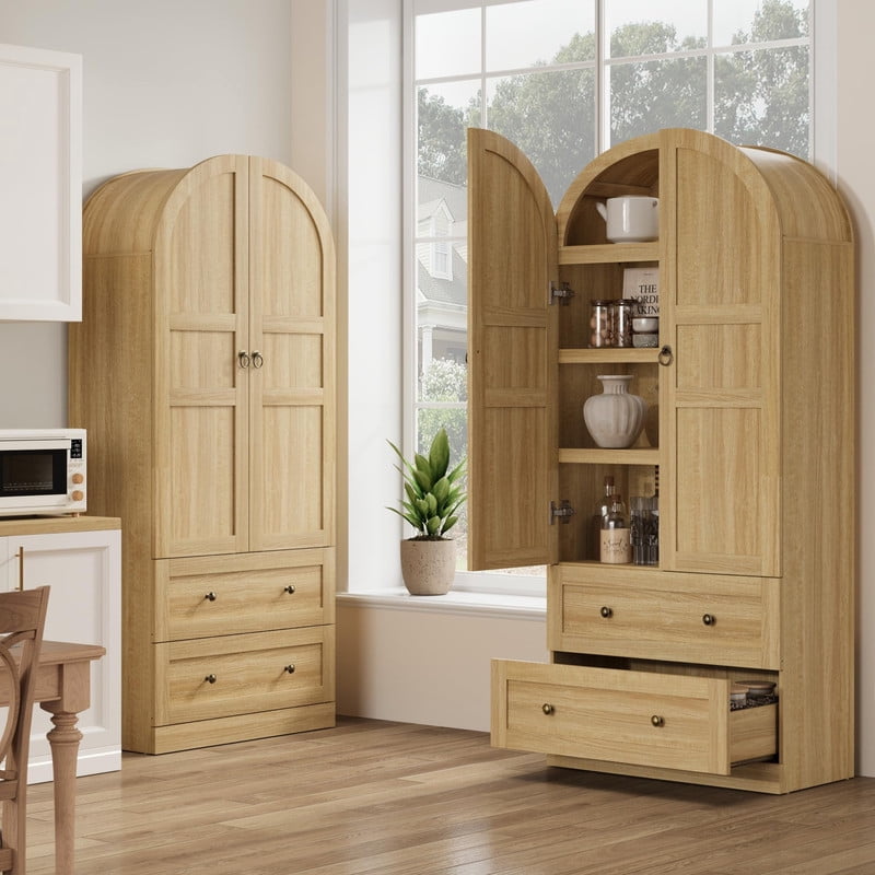 TROPOW 72 in Tall Arched Kitchen Pantry Cabinet, Farmhouse Wood Pantry Storage Cabinet with 2 Large Drawers, Wood Door, Freestanding Versatile Pantry Cabinets for Dining, Living Room