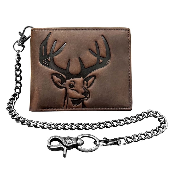 Cowhide Leather Deer Bifold Wallet for Men,Slim Profile Hunting Wallet RFID Wallet Slim Bifold Wallet Christmas Gift for Men with Chain.