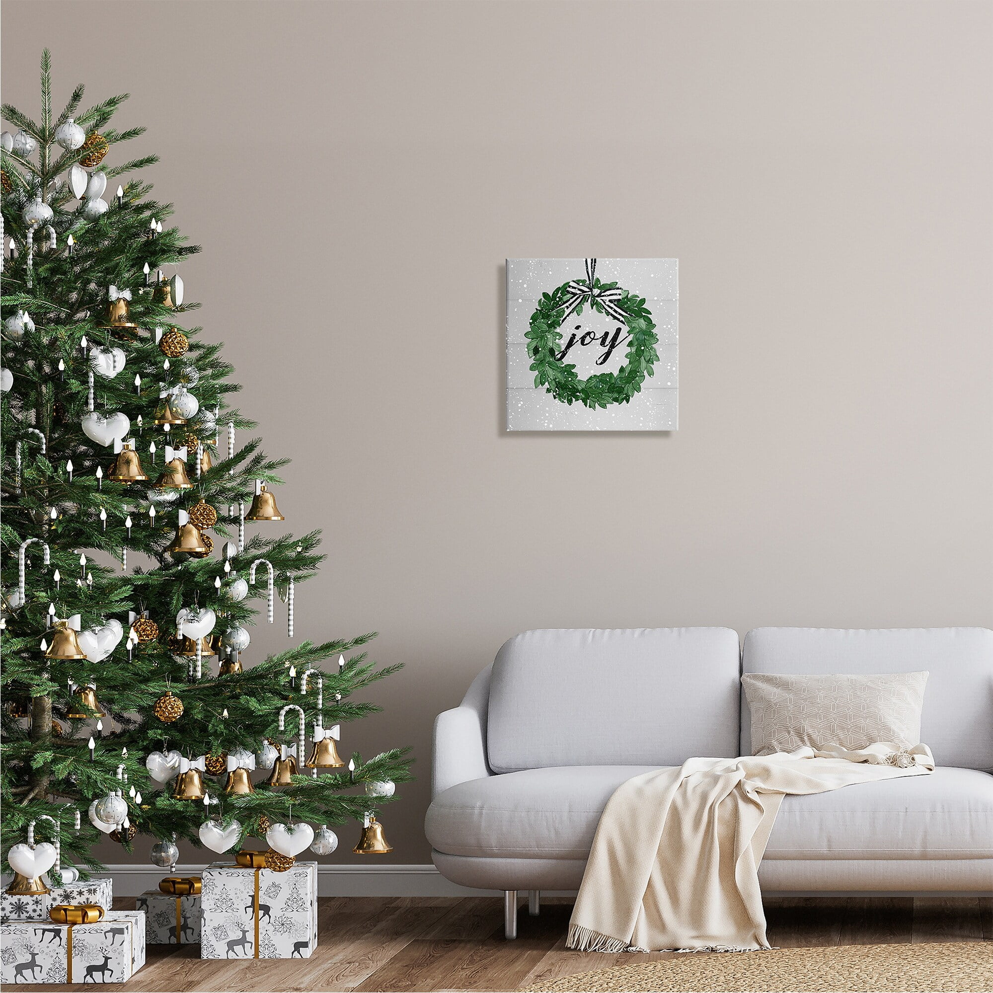 Stupell Industries Joy Sentiment Green Winter Leaf Wreath Snow Pattern, 30 x 30,Design by Carol Robinson