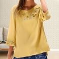 thumbnail image 2 of YigeTops 3/4 Sleeve Linen Shirts for Women Embroidered Tunic Loose Breathable Casual Summer Shirt Yellow 3XL, 2 of 6