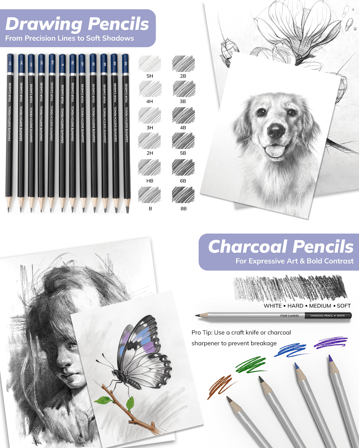 Four Candies Colored Sketching Set-85 Sketching Kit for Artist Gifts, Art Supplies, Drawing Set with Colored Pencils
