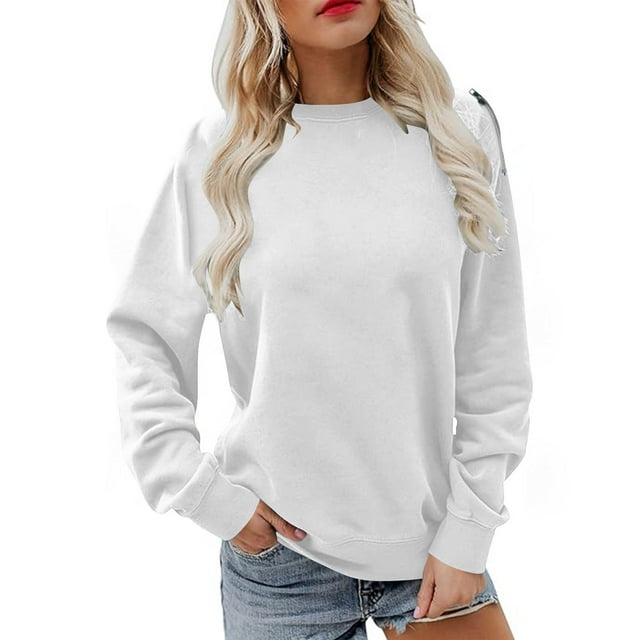 Enjoytime Hauts Tendance pour Femmes Couleur Unie Col Rond Manches Longues Blouse Ample Décontractée Automne Hiver Mode Chemises Blanc P
