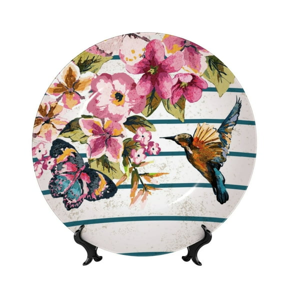 Picia Bird and Floral Pattern Bone China Decorative Plate – Wall Decor with Stand and Adhesive, Elegant Ornament for Living Room, Office, or Entryway-6in
