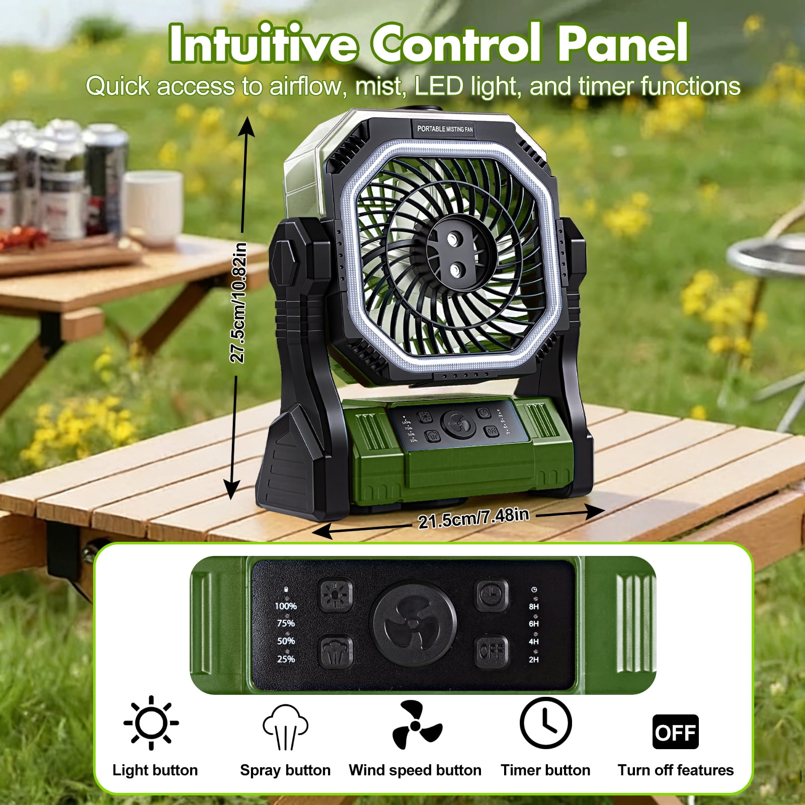 Henotian Camping Fan and Misting Desk Fan, 20000mAh Rechargeable Portable Fan with 320ml Water Tank, LED Lantern for Home, Patio, Travel