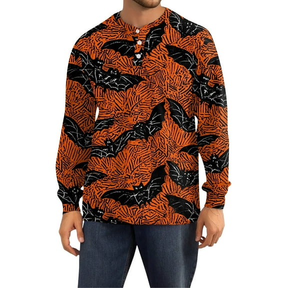 Domuza Mens Halloween Shirt Funny Spooky Print Long Sleeve Relaxed Fit Henley T Shirt Comfy Lightweight Casual Button Up Pullover for Halloween Party Brown L