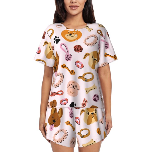 Balery Cute Dog Conjunto de Pijama para Mujer con Estampado, Dos Piezas de Manga Corta y Shorts, Ropa de Dormir Suave con Cuello Redondo y Bolsillos-4X-Large