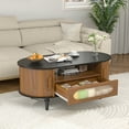 thumbnail image 5 of Fluted Coffee Table with Storage, Oval Coffee Table with Drawer&Sliding Door, Low Small Center Table for Living Room(Black and Walnut), 5 of 10
