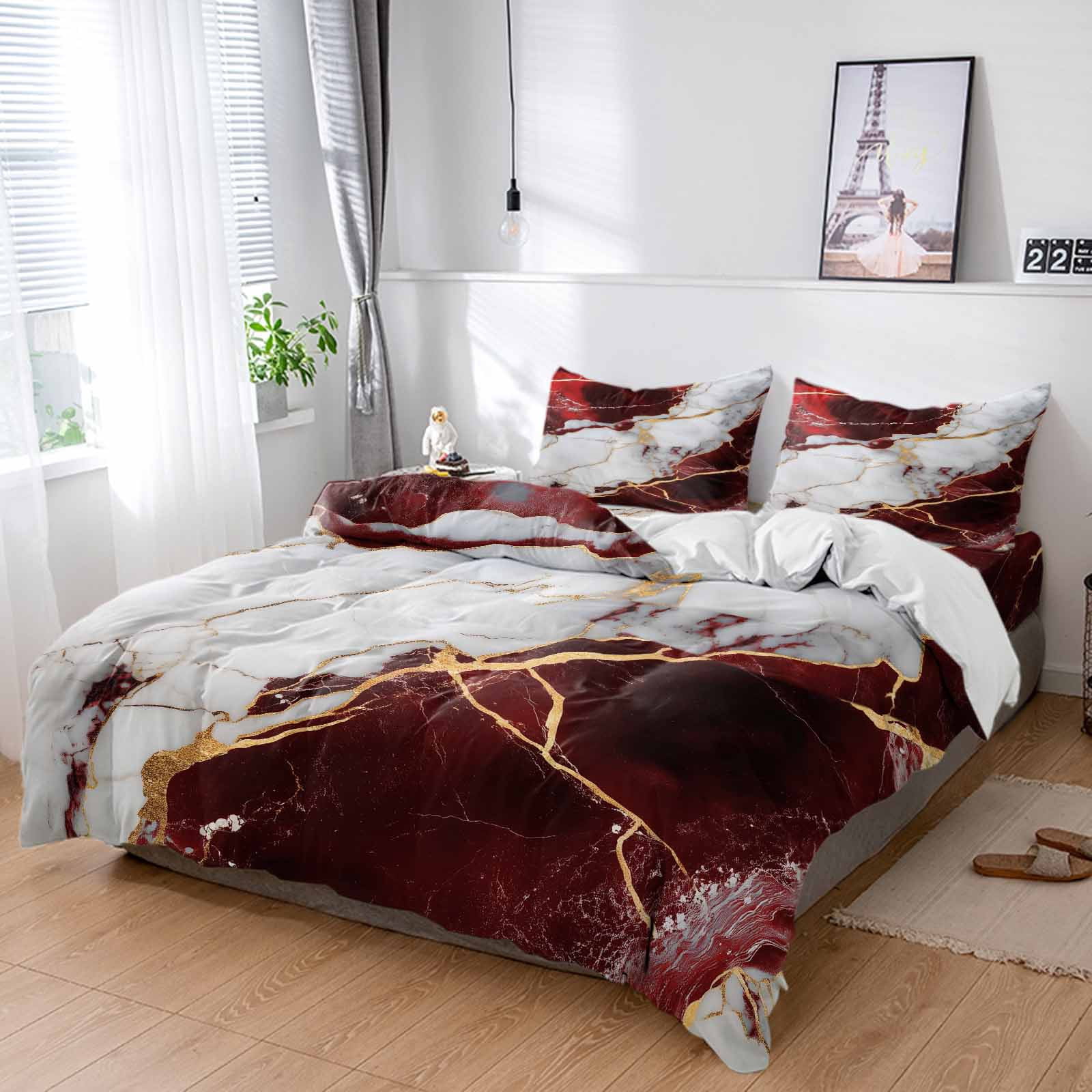 Queen 4 Piece Bedding Set Burgundy Red White Marble Soft Breathable Duvet Cover and Pillowcase, Modern Abstract Stone Crack Texture Duvet Cover Set Bed Sheets for Bedroom Dormitory Guest Room