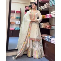 Indian Bollywood Top Sharara Dupatta Set Heavy Chinon Silk Designer Salwar Suit Round Neck 42