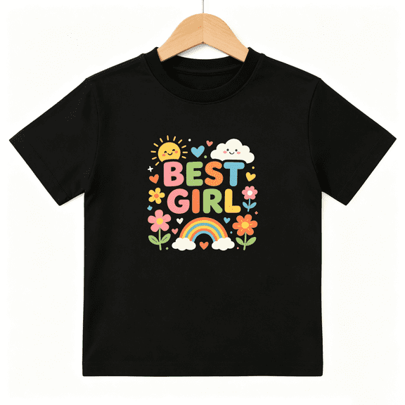 Best Girl Rainbow Flowers Girls Graphic Tee, Retro Sun Cloud 100% Cotton Kids Short Sleeve T-Shirt 4-13Y