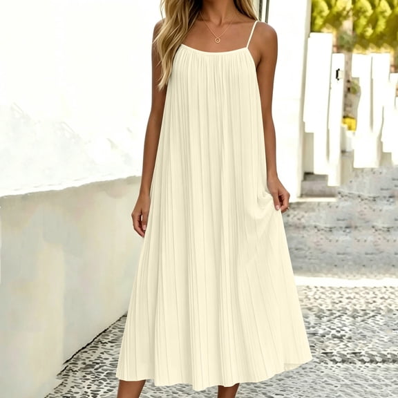 ClodeEU Women's Sleeveless Spaghetti Strap A Line Midi Dress,Casual Flowy Loose Vacation Dress Beige,Women's Plus L