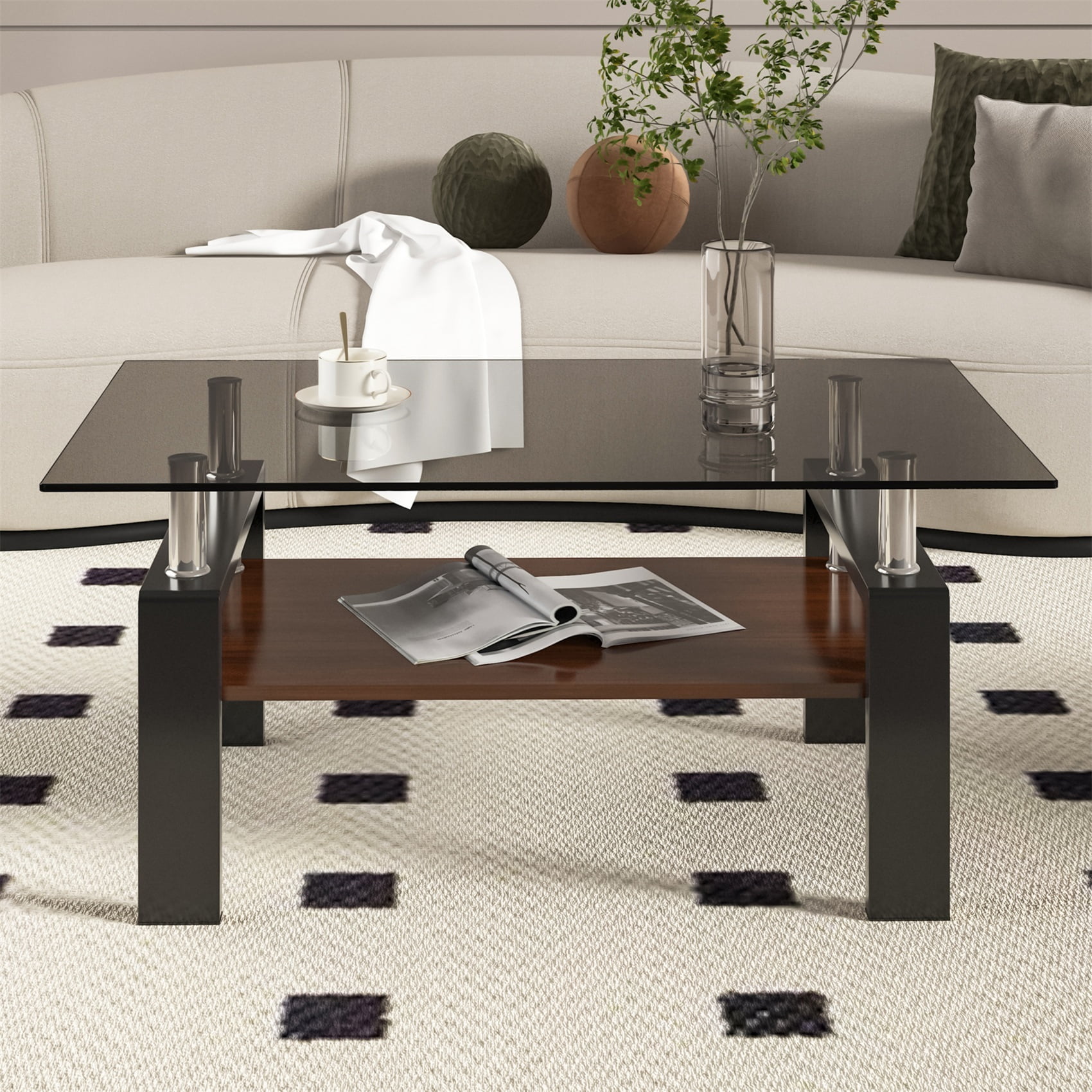 Alvantor Modern Glass Coffee Table with MDF Layer, 38.6" Brown
