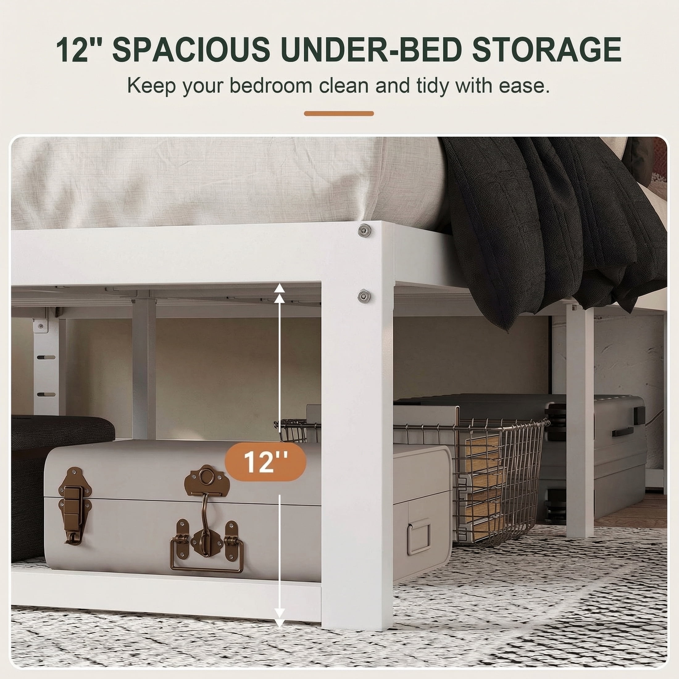 Amolife 14" Full Bed Frame Metal Platform Bed with Ample Storage Space Under Frame, Heavy Duty, White