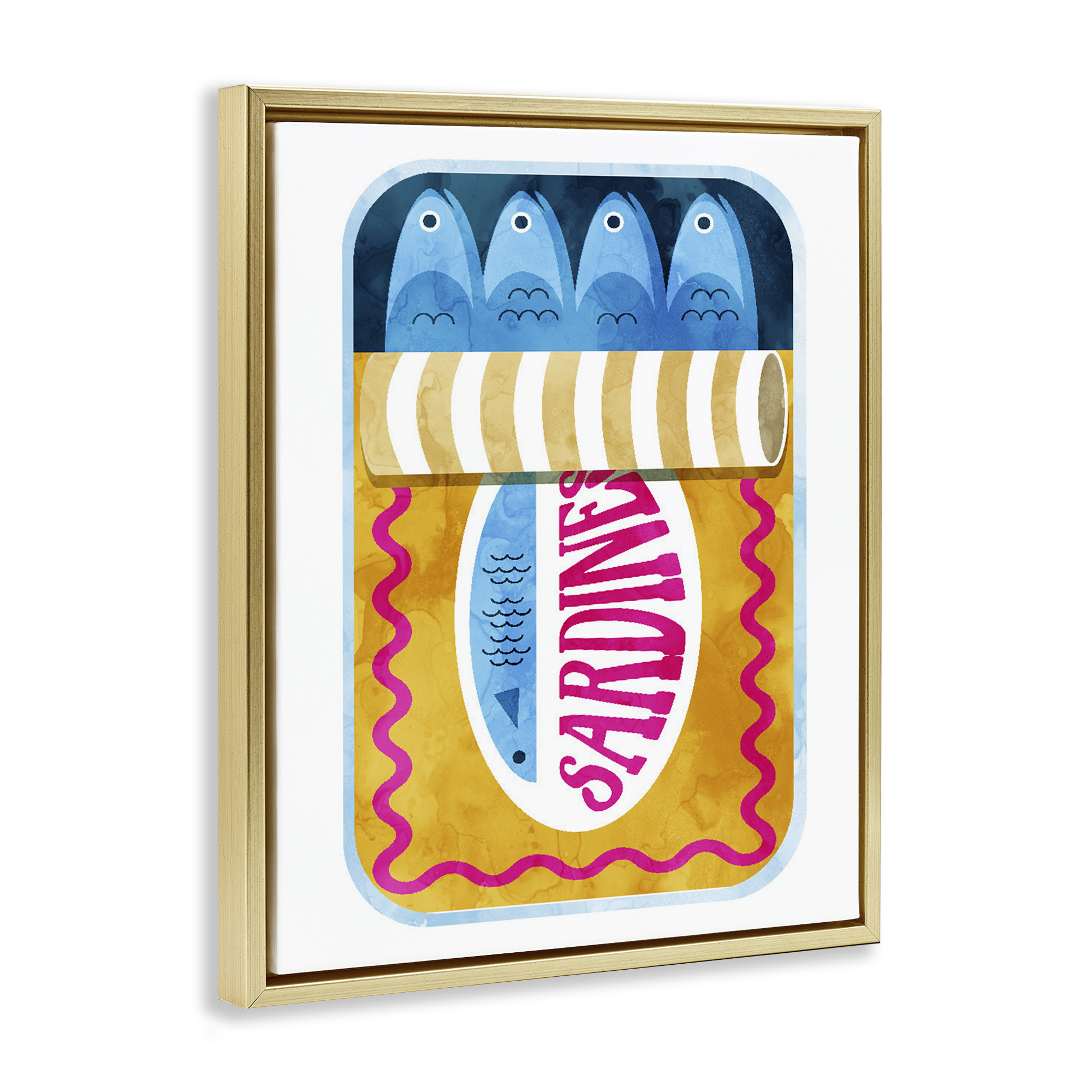 Yellow and Pink Sardine Tin Gold Framed Floater Canvas Wall Art, design by Daphne Polselli