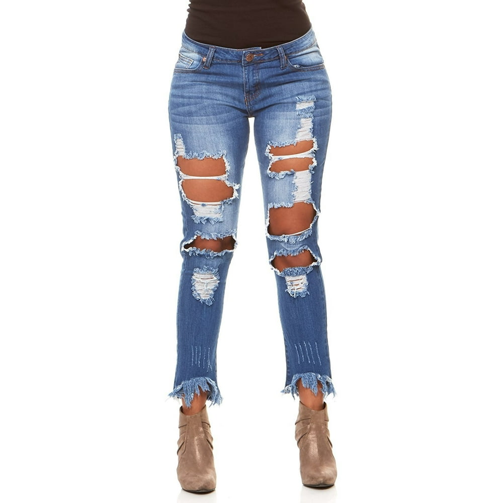 VIP Jeans Ripped Large Hole Destroyed Frayed Hem Skinny Slim Fit Stretch Jeans For Women 3
