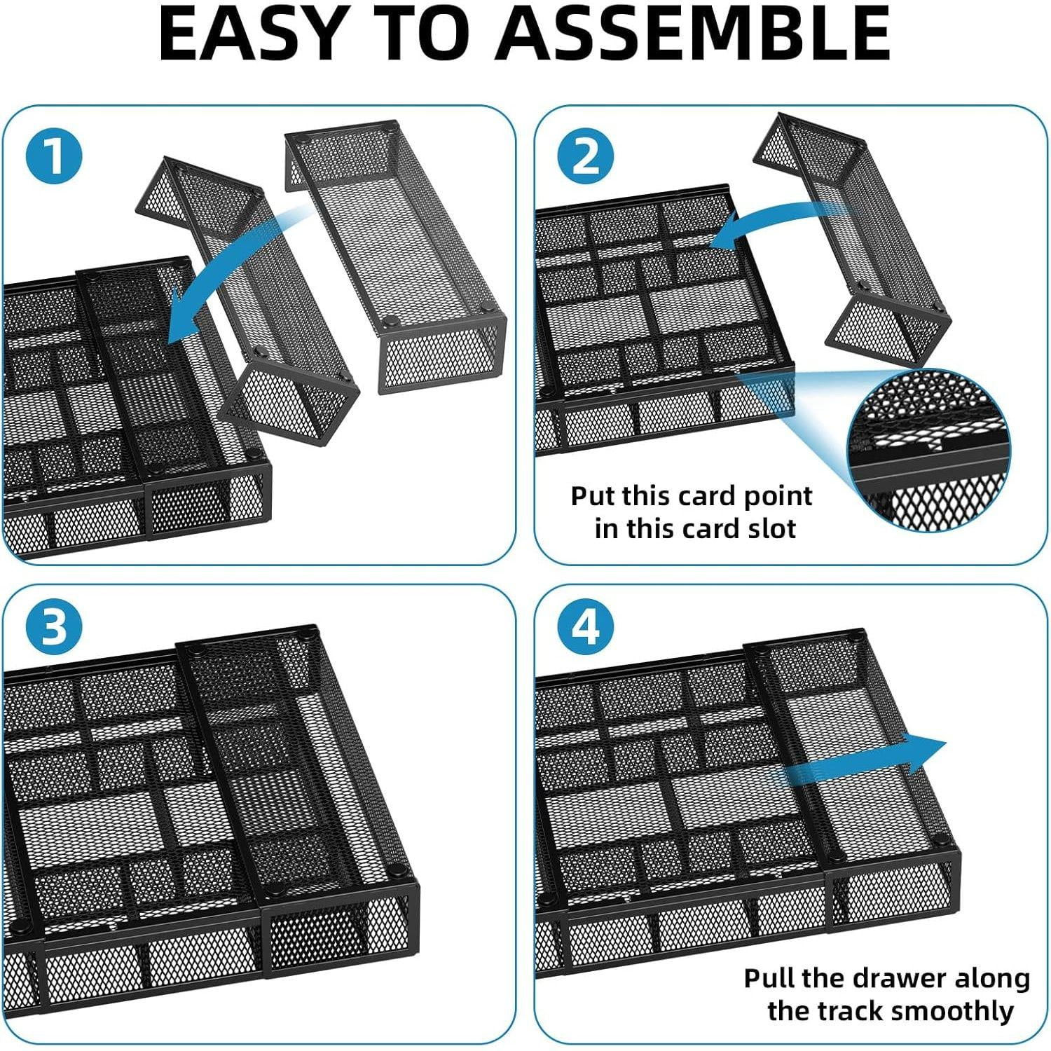Expandable Desk Drawer Organizer, Mesh Drawer Organizer Tray with 10 Adjustable Compartments, Desk Organizers and Accessories for Office Supplies, Makeup & Vanity (Expandable Black-2 pack)