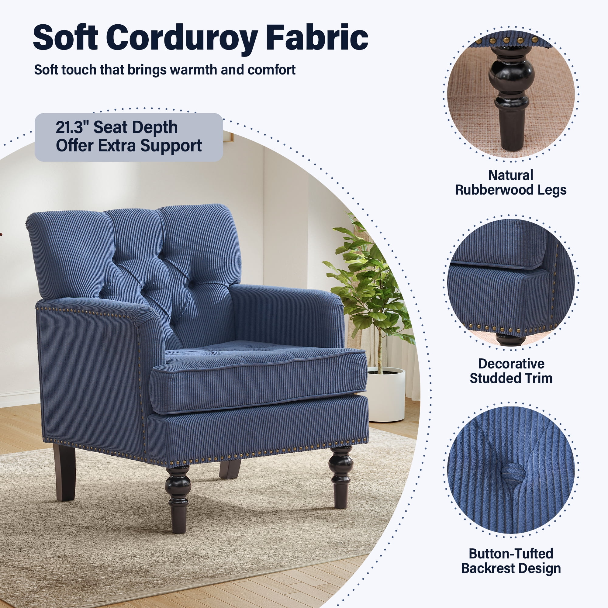 Aukfa Mid-Century Modern Tufted Accent Armchair, Upholstered Corduroy Chair for Living Room/Bedroom, Navy Blue