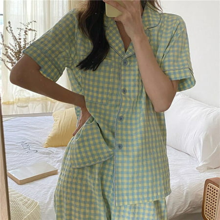 

CoCopeaunt Plaid Womens Pajamas Female Brief Lounge Set Woman 2 Pieces Sleepwear Suit Pijama Korean Short Sleeve Pyjamas Nightwear