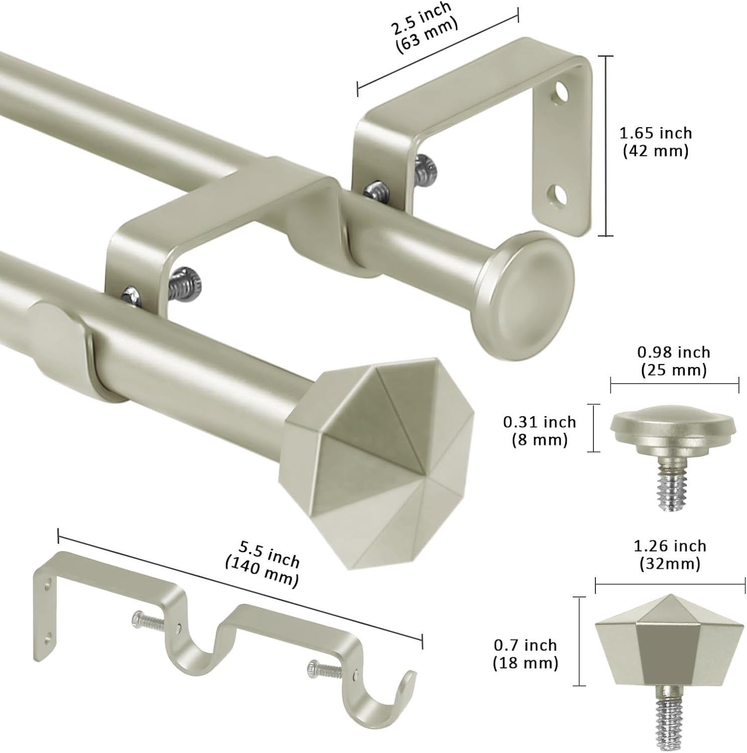 eTeckram 5/8" Double Curtain Rod with Chiodo Finials,Pewter,48‘’-84‘’